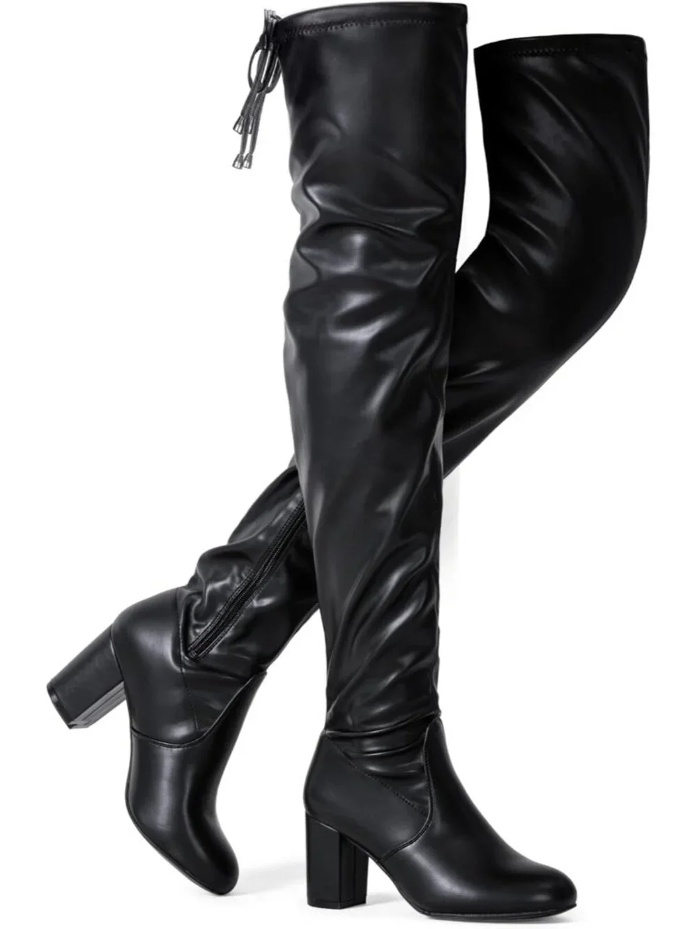 Women's Black Pu Chunky Heel Round Toe Side Zipper Over The Knee Thigh High Boot